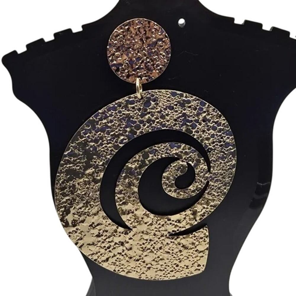 NWT PrettyLittleThing Gold Textured Swirl Disk Statement Earrings Drop Dangle - Picture 14 of 16